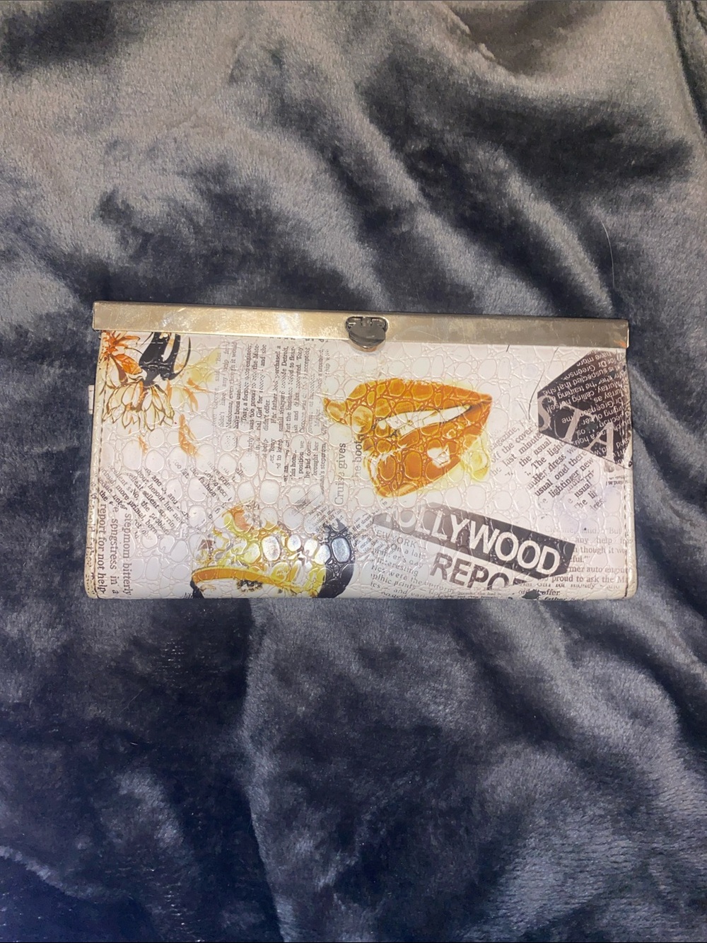 Printed Newsprint Card Holder Wallet in White and Yellow
